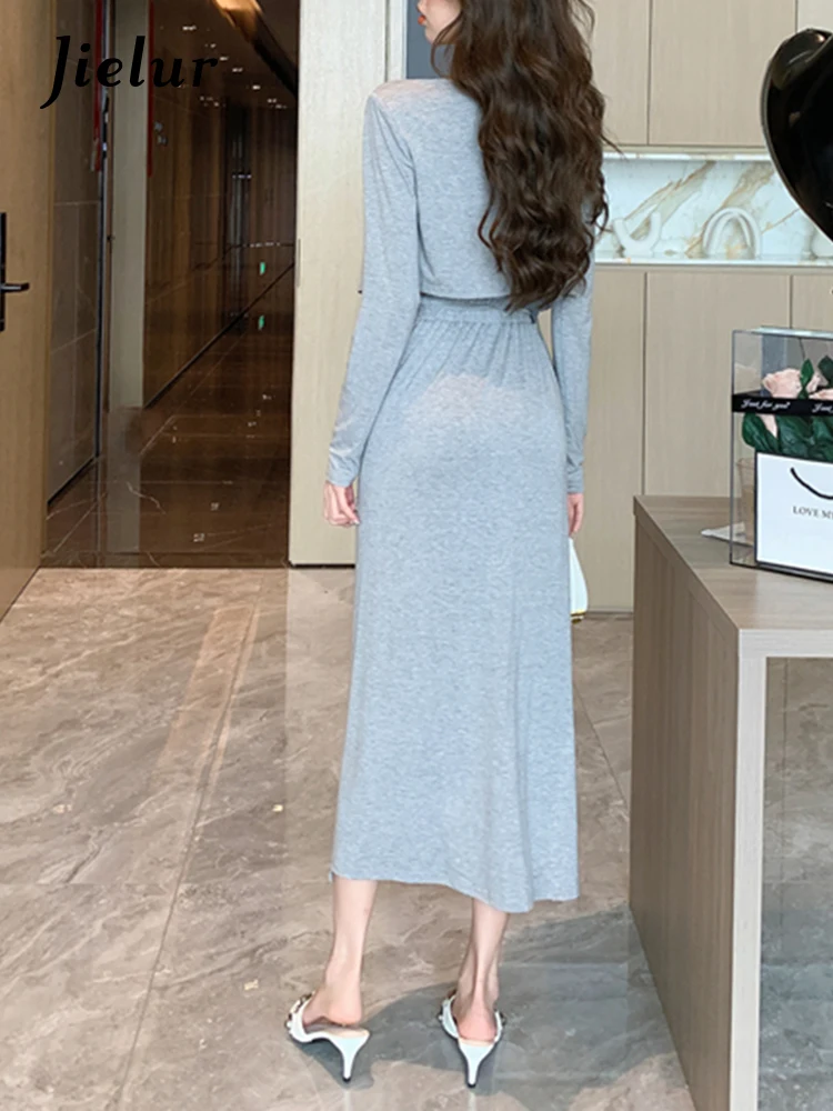 Jielur Three Piece Solid Color Slim Casual Women Skirts Solid Color Simple Basic Cardigan Female Split Gray Black Knitted Skirts