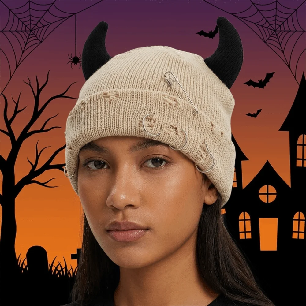Punk Yarn Devil Horns Hat Solid Color Distressed Winter Pullover Cap Adjustable Hip Hop Knitted Beanie Autumn/Winter