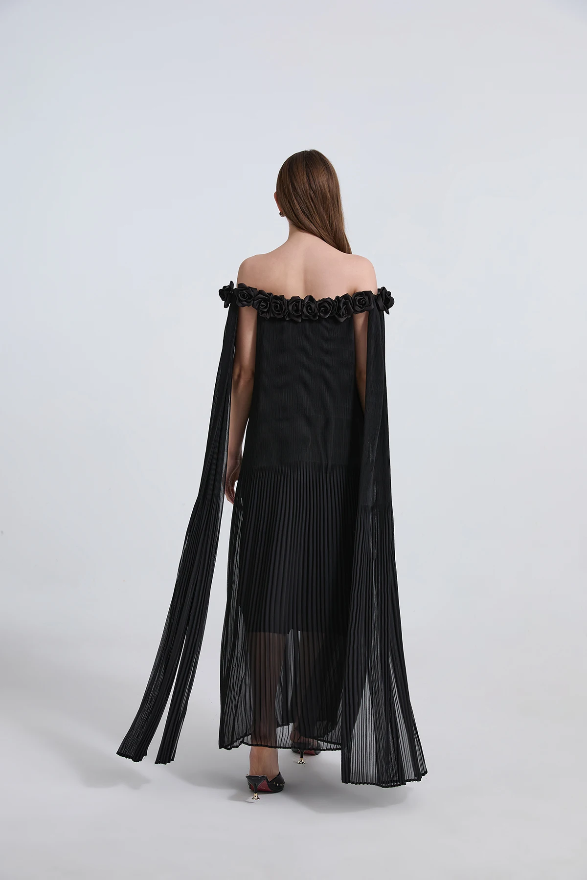 3D ดอกไม้ Splicing จีบชุดฤดูใบไม้ผลิผู้หญิงแขนกุด Slash คอปิดชุดไหล่ฤดูร้อนเอวสูงชุดลูกวัวกลาง