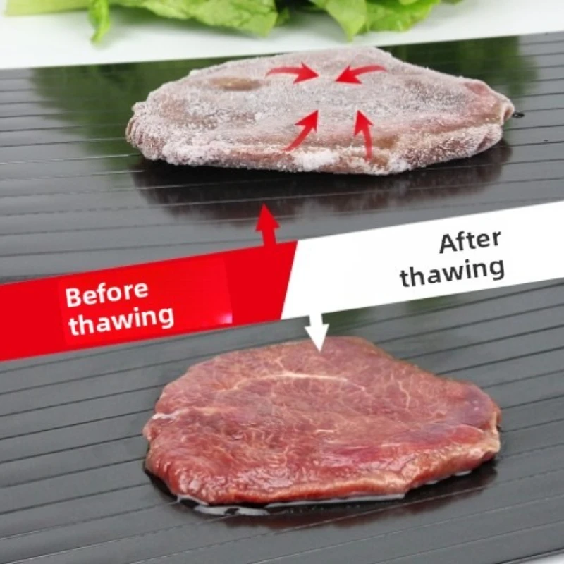 Quick thawing plate made of aluminum alloy suitable for household use. It can quickly thaw steak, frozen food, meat, and seafood