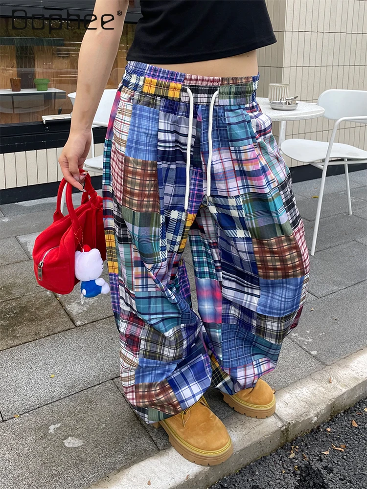 American Retro Colored Plaid Loose Casual Pants Women Drawstring Wide-leg Pants Vintage Floor-length Trousers Street Fashion