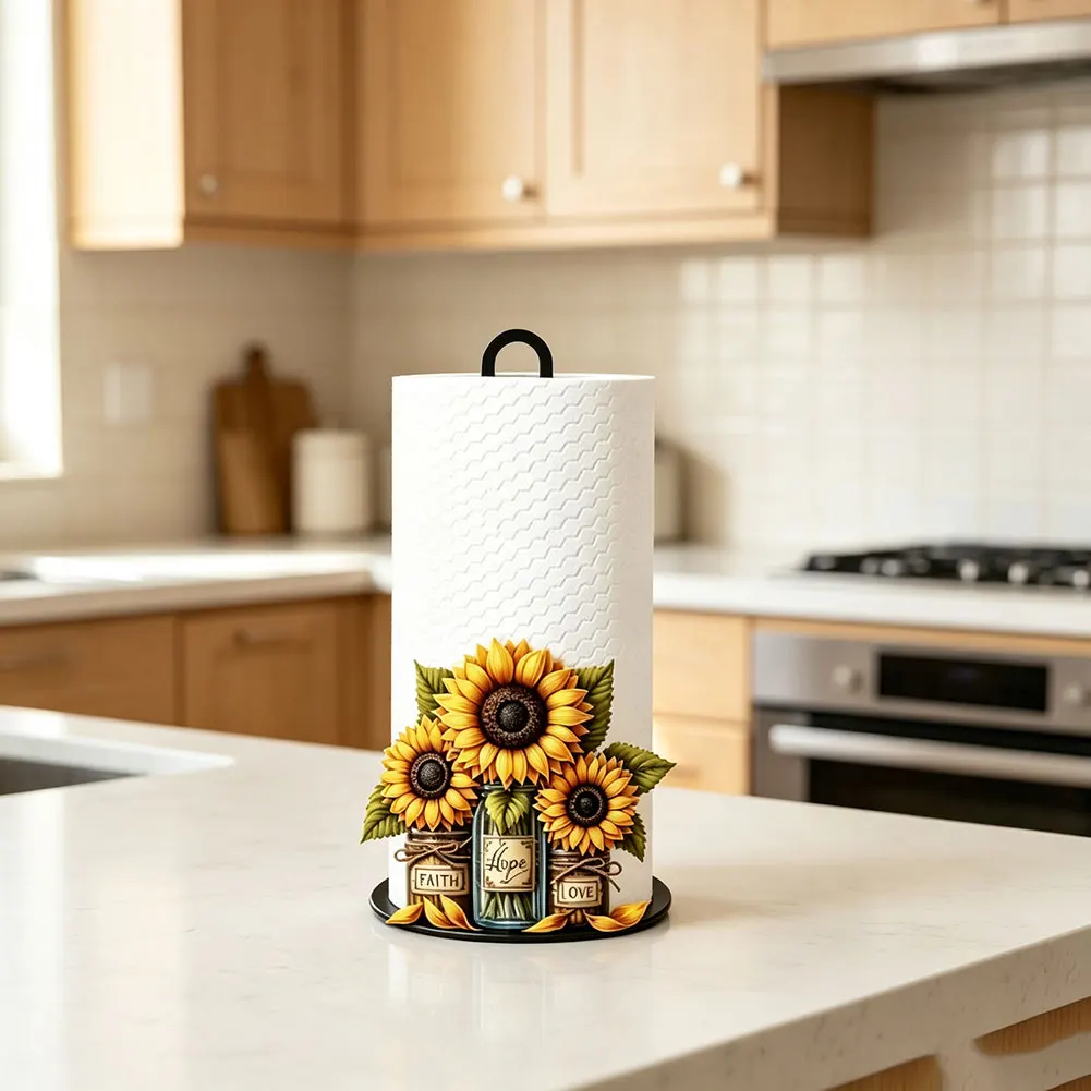 Sunflower Wooden Paper Holder Stand 47cm Modern Minimalist Tabletop Roll Dispenser For Home Kitchen Bathroom Decor