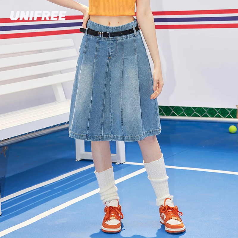 

UNIFREE Vintage Wash Women's Skirt Denim Streetwear Sport Pleated American Retro Mini Skirt New 2023 Summer Skirt