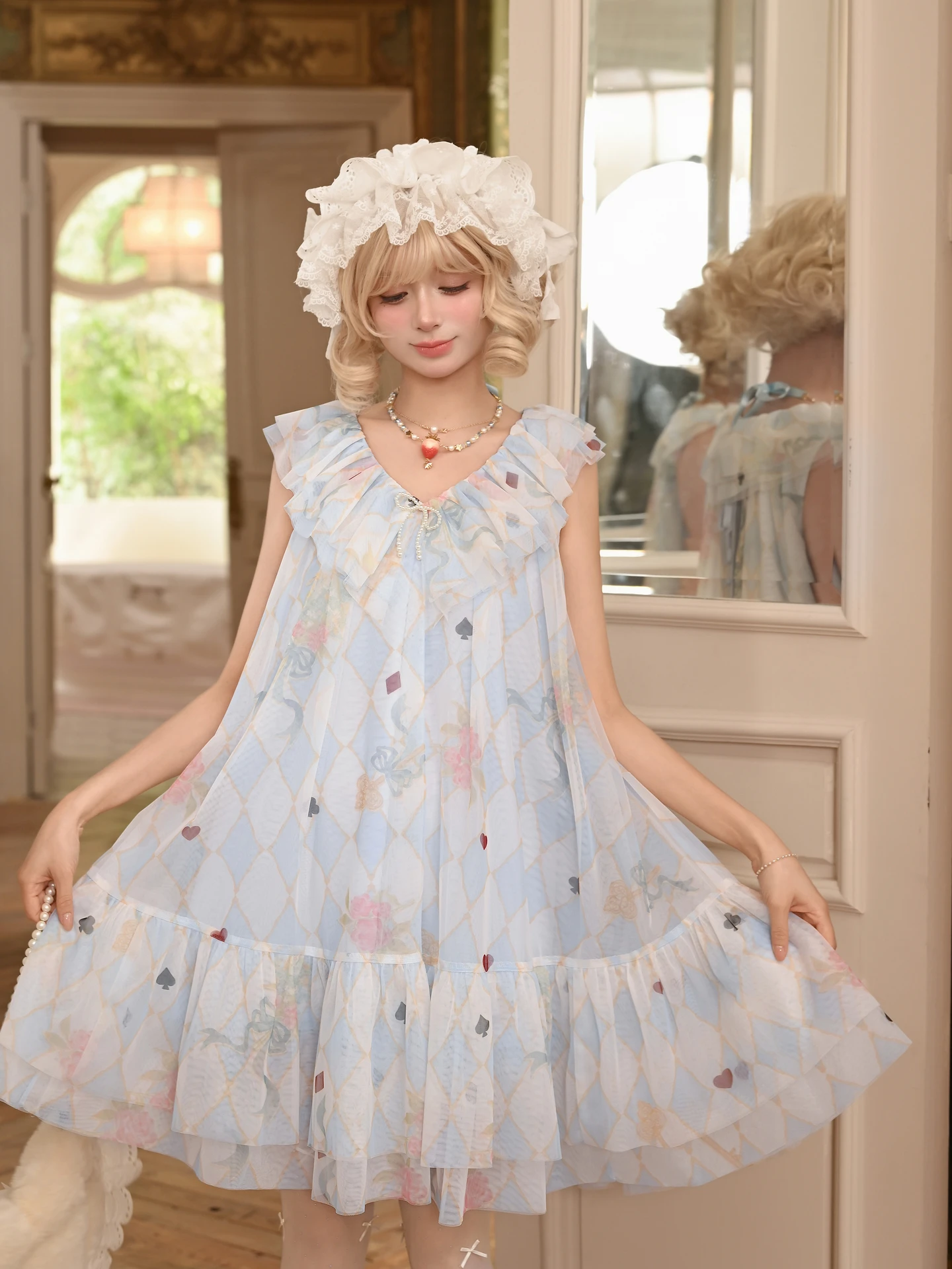 

Alice Print Dress Sweet A-Line Skirt V-Neck Sleeveless Summer Vacation Style Loose Waist Polyester Fabric Casual Chic