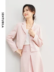 SENTUBILA Pink Elegant Cropped Tweed Jacket 2024 Spring Notched Single Breasted Straight Blazer Coat Women’s Outerwear 141W53603