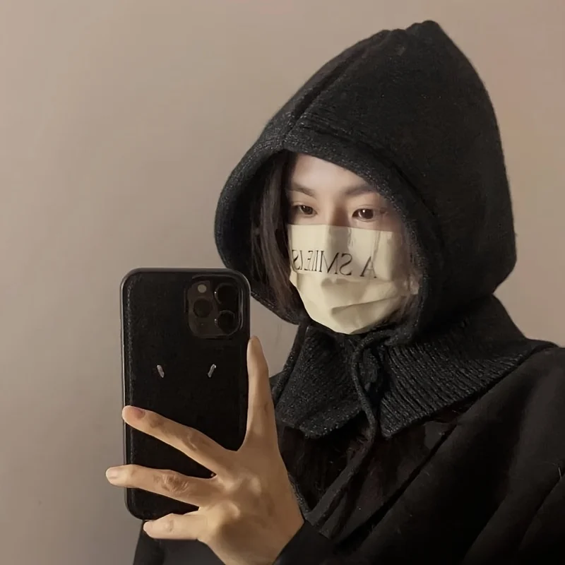 1pc, Winter Hats for Women Girls Warm Hooded Scarf Hat Skull Cap Balaclava Knit Beanie Hat with Adjustable Drawstring image 6
