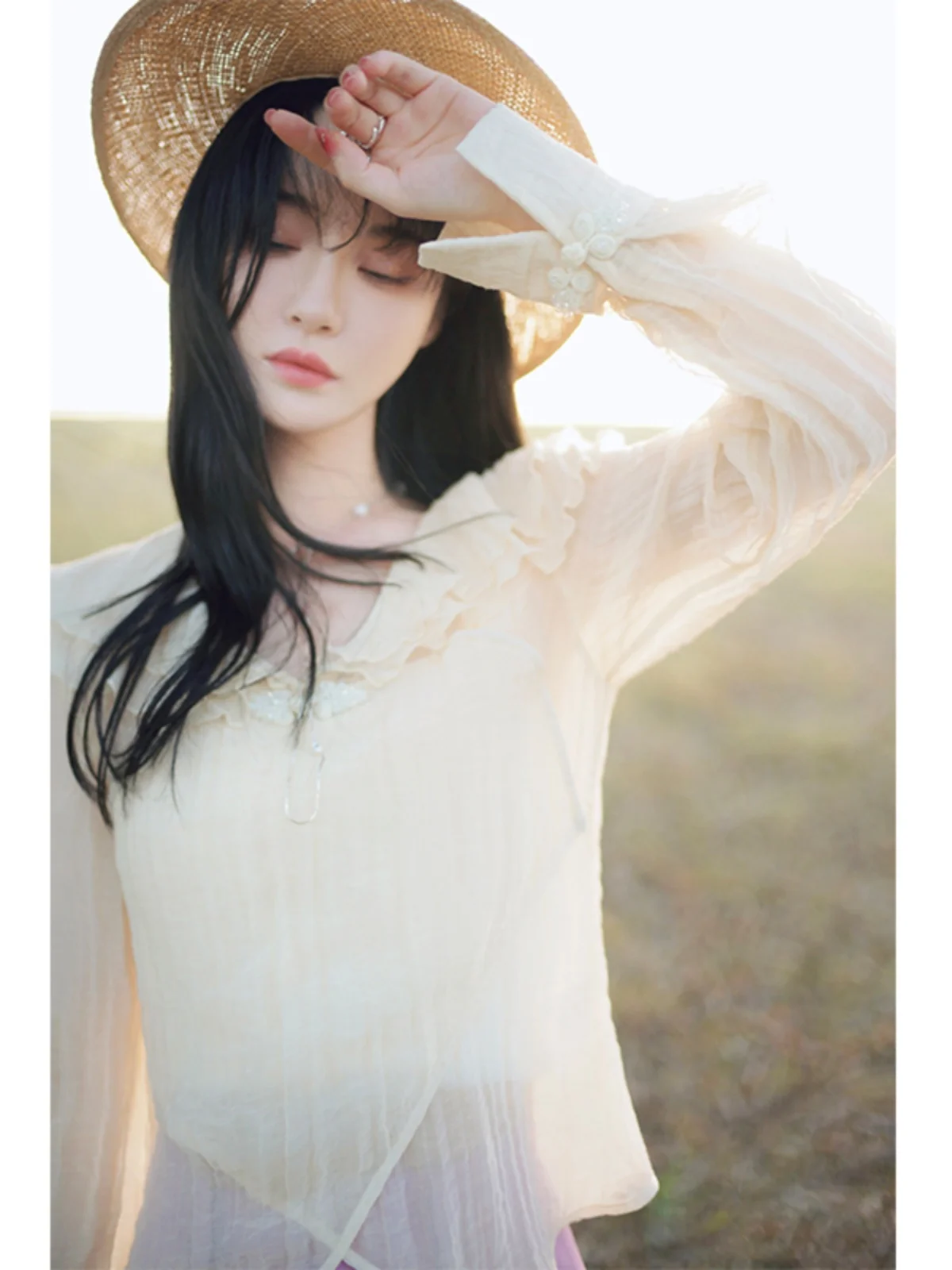 

NANASTORE Women's Spring 2024 Chiffon Top Lace ort Sve Long Sve T-irt Waist-Cinching French Sle Slim Fit Cotton V...