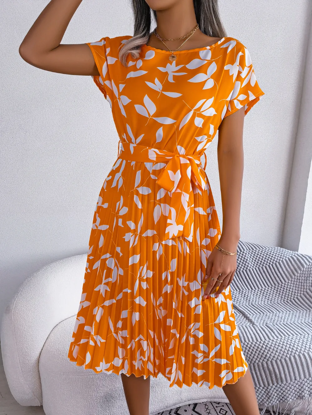 Casual O-neck Short Sleeve Dress Office Lady Spring Summer Fashion Elegant Floral Print Lace Up Pleated Dresses For Women 2023