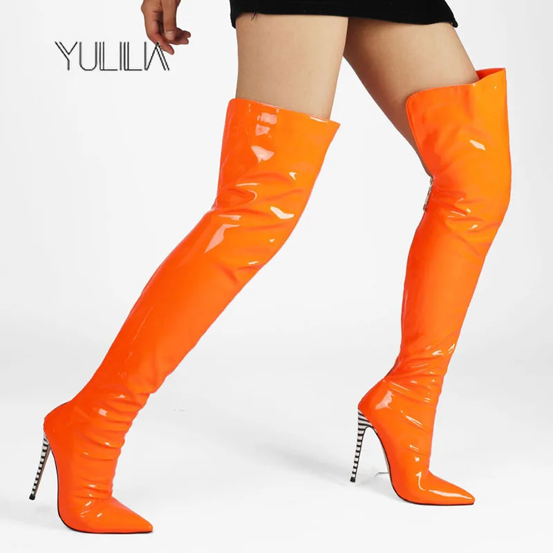 

YULILIA Sexy Fashion Nightclub Party Wedding Office Thin Heel Patent Leather Orange Rear Zipper Over The Knee Women's Boots