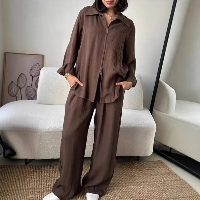 

2025 Autumn New Casual 2 Piece Sets Women's Outfits Fashion Zipper Pocket Long Sleeve Shirts & Loose Wide Leg Pants Set Female