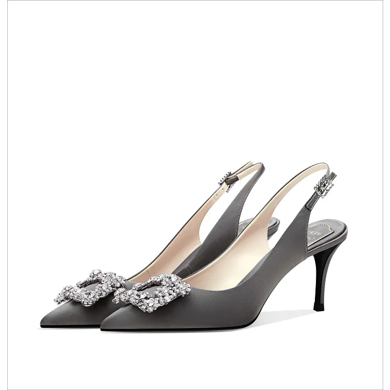 

Women Luxury Grey Satin Sandals 2025 Crystal High Heels Open Back Fashion Shoes