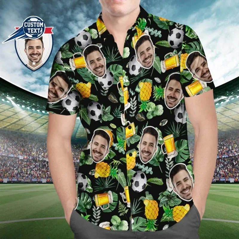 Custom Face Soccer Pattern Hawaiian Shirts For Men Full Print Green Plants Beach Shirt For Soccer Lovers Mens Oversized Tshirt