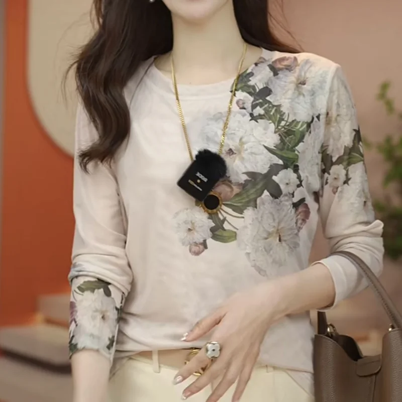 Women Autumn Korean New Round Neck Pullover Commuter Fashion Mesh Printed T-shirt Casual Versatile Slimming Long Sleeved Tops