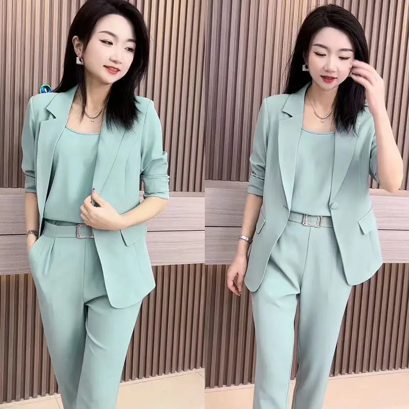 Korean Style Slim Fit Jacket Blazer Casual Pencil Pants Two Piece Set Elegant Women's Pants Set Office Summer Outfits