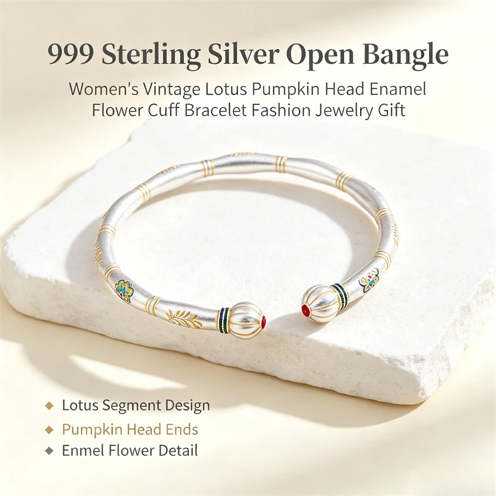 Retro Enamel Flower Pumpkin Head 999 Sterling Silver Cuff Bangle, Lotus Segment Design Women Daily Wear Jewelry