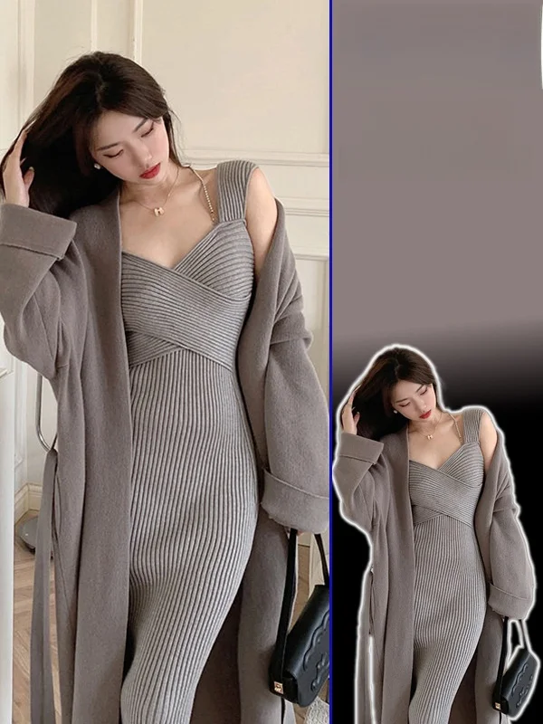 

plus Size Soft Knitted V-Ne Long Sve Cross Design Faionable Two-Piece Set for Women Winter Season Casual Wear