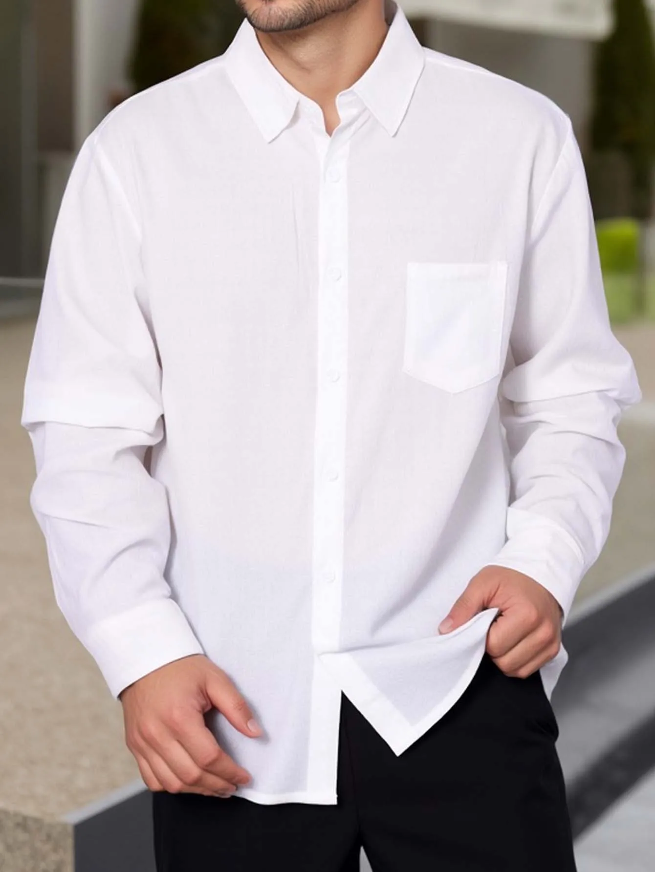 

New Spring Autumn Men Solid Color Turn Down Collar Button Up Shirt With Chest Pocket Fashion Casual Loose Long Sleeve Tops