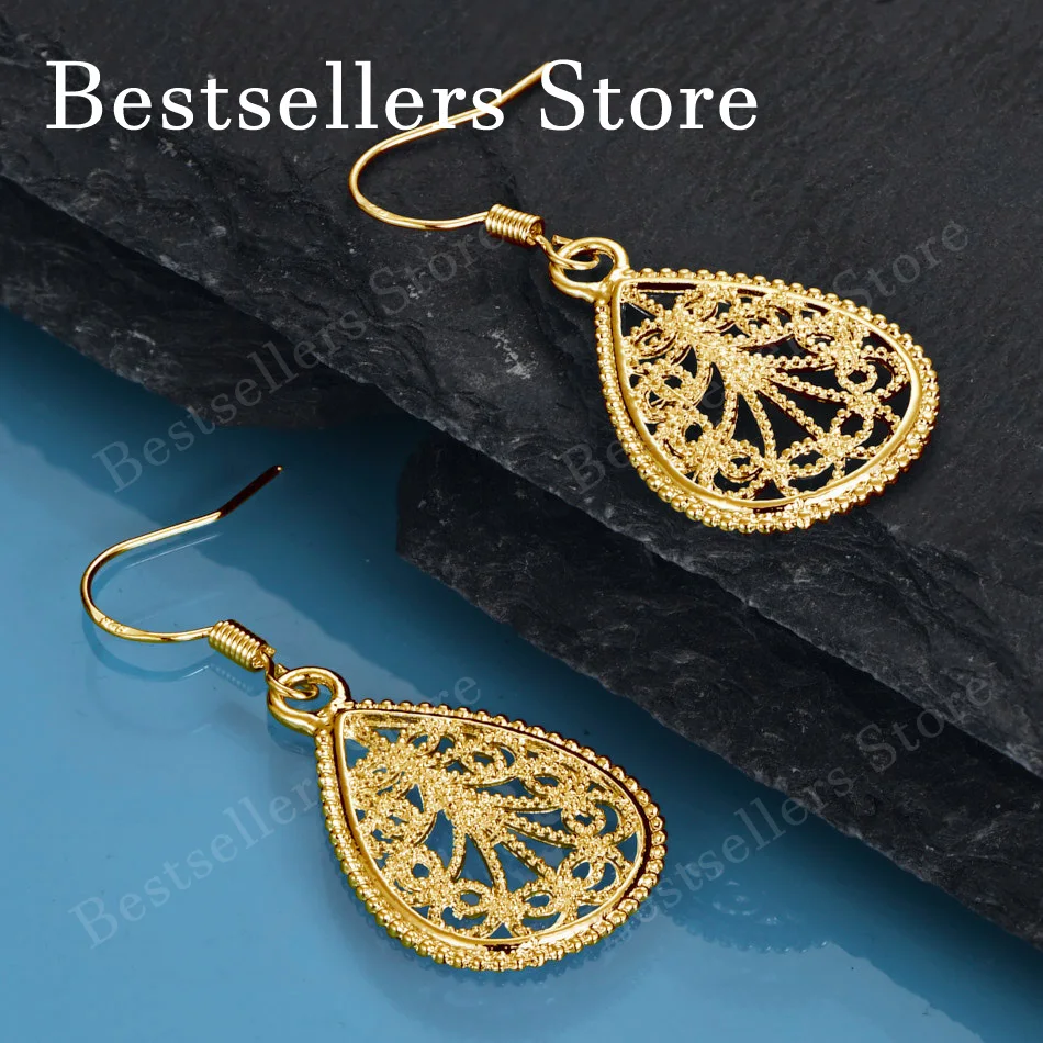 Exquisite 18K Gold-Plated Filigree Openwork Earrings – Fashionable Jewelry for Women's Weddings and Parties