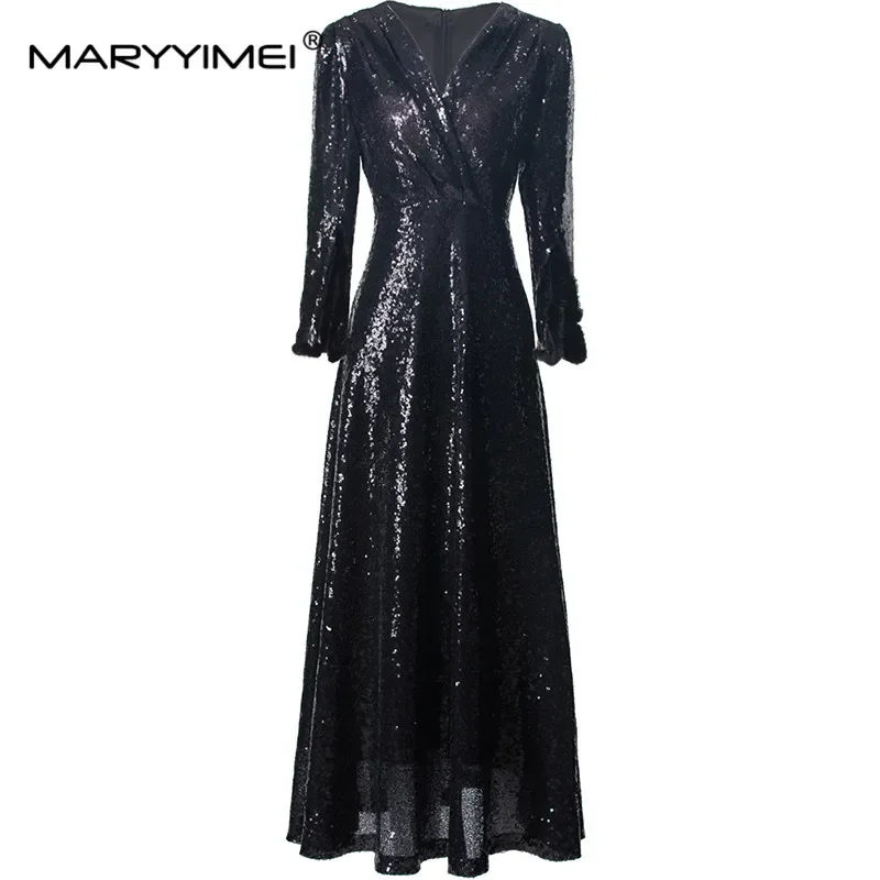 

MARYYIMEI Autumn and winter New Style fashionable Dress Women V-Neck Three Quarter Sleeve Sequins High waist Black Dresses