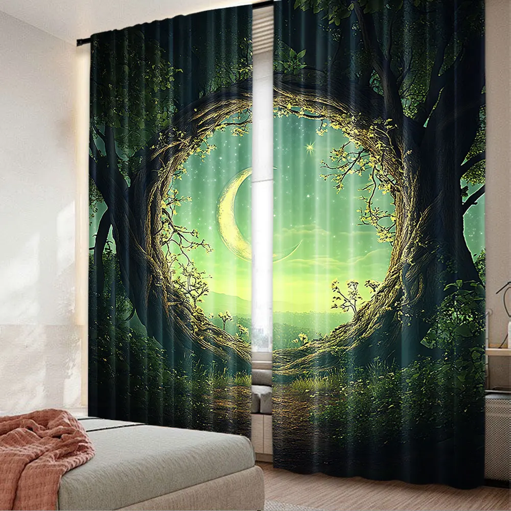 2Pcs Forest Curtain Curly Branches Trees In Enchanted Forest Full Moon In Night Sky For Bedroom Living Room And Dining Room