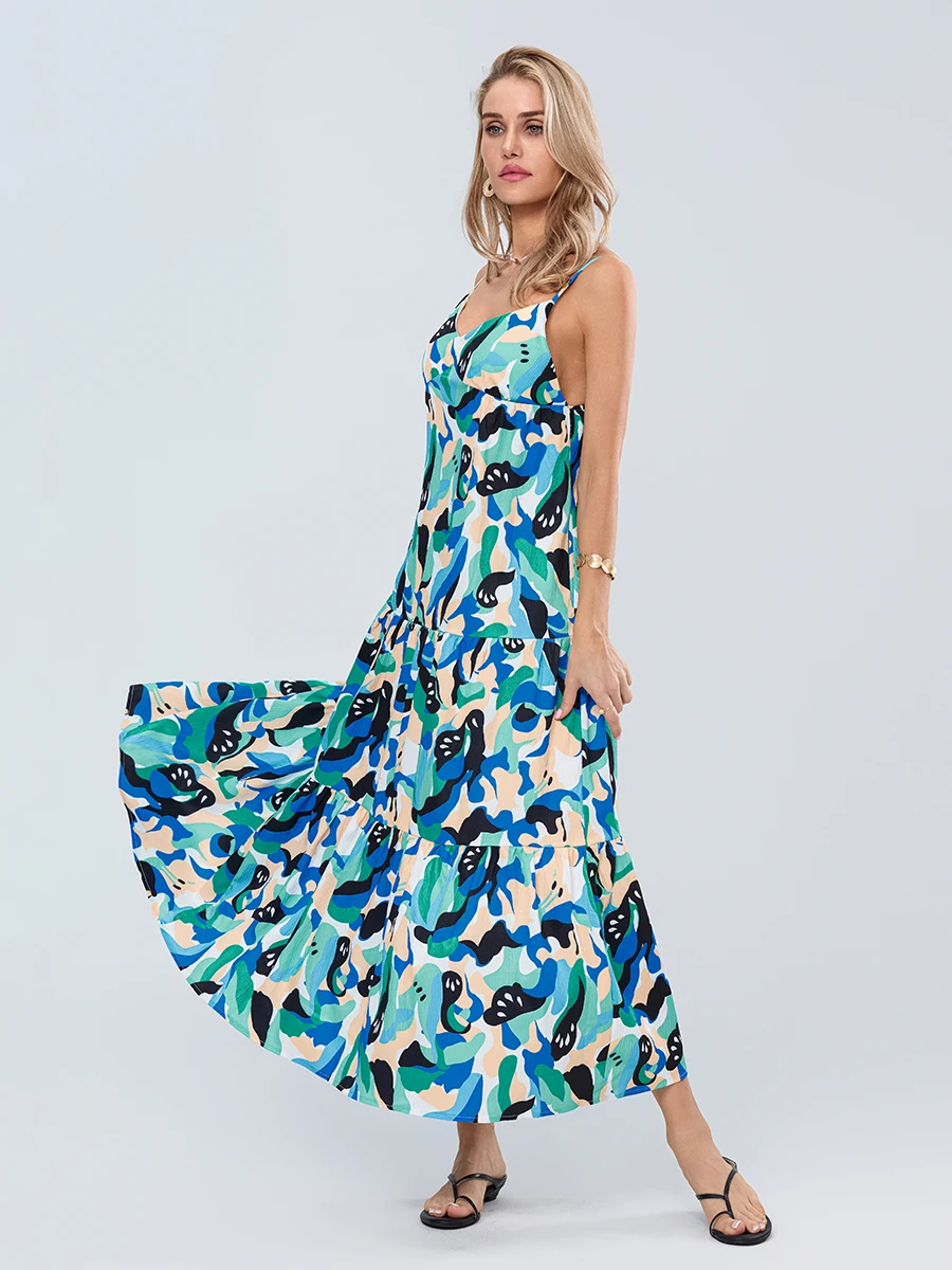 Women Long Dress Fashion Print Spaghetti Strap Sweetheart Neck Sleeveless Backless Flowy Cami Dresses