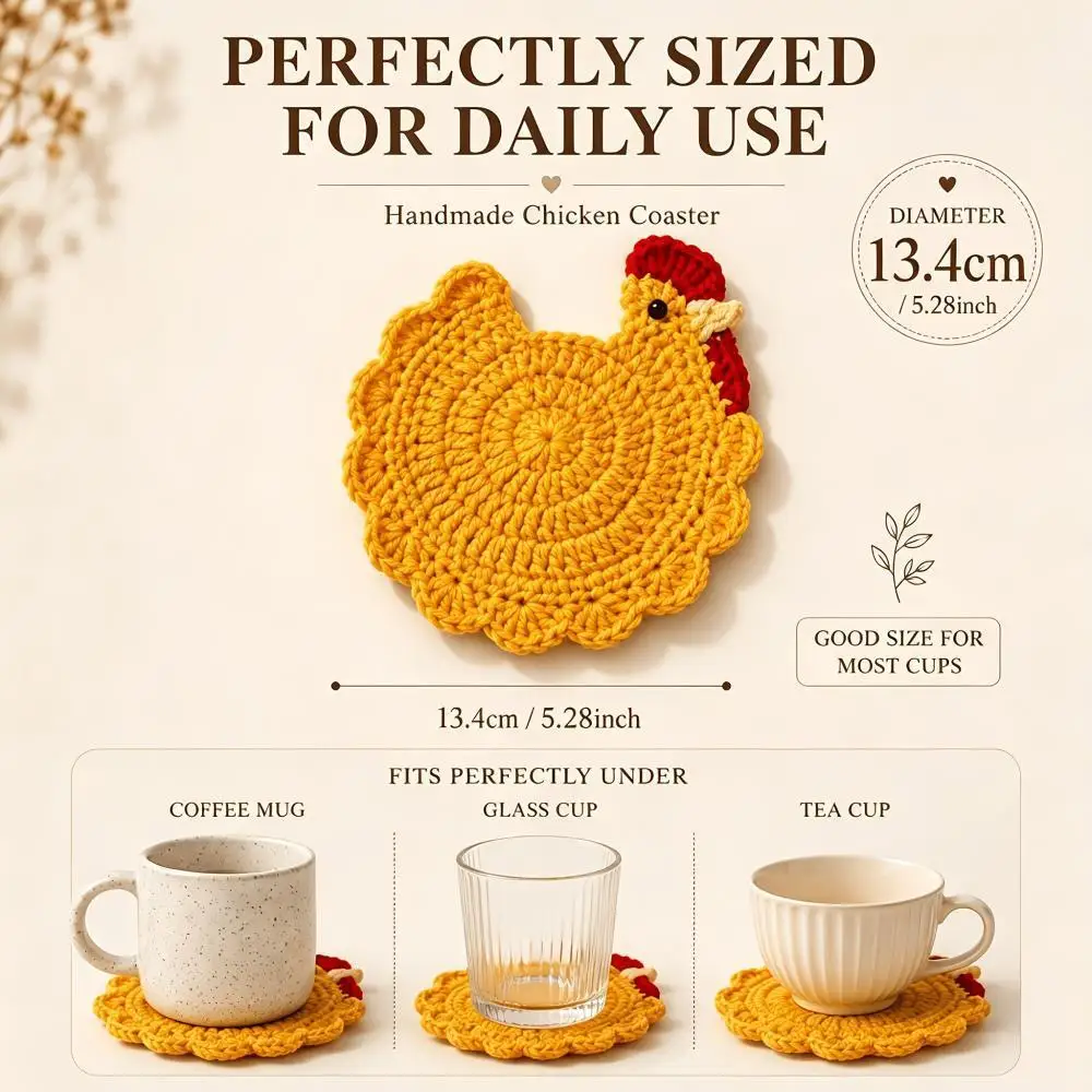 Set of 4 Hand Crocheted Chicken Coasters Farmhouse Table Decor Cute Plush Cup Mats Desktop Gift for Chicken Lady