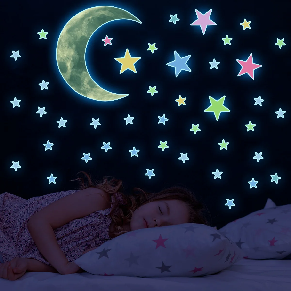 Moon Star Fluorescence Noctilucent Night Glow in Dark Luminous Vinyl Removable Nursery Kids Child Bedroom Wall Stickers Decal