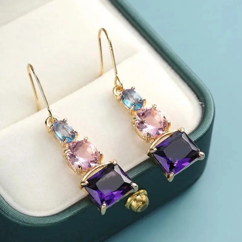 Huitan Blue/Pink/Purple CZ Dangle Earrings for Women New 2023 Colorful Earrings Wedding Party Temperament Lady\'s Ear Jewelry