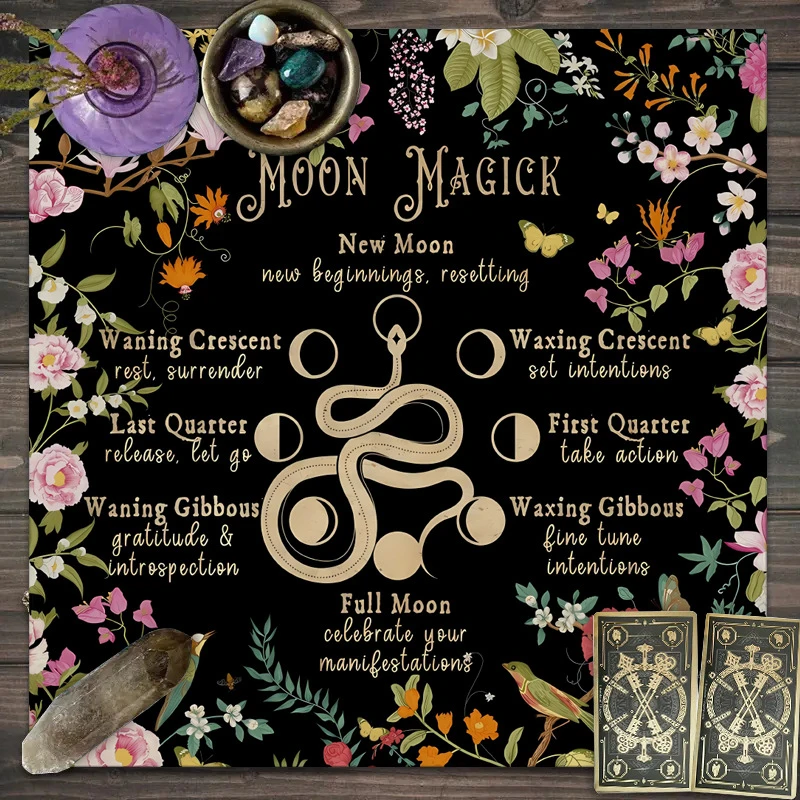 

VIKAMA Black Cat Moon Magick Wheel of the Year Tarot Altar Cloth Divination Spread Mat Witchcraft Astrology Wiccan Home Decor