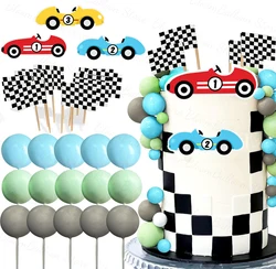 28pcs Two Fast Racing Car Cake Topper Blue Gray Grass Green Balls Cake Toppers for Kids Birthday Party Baby Shower Decoration