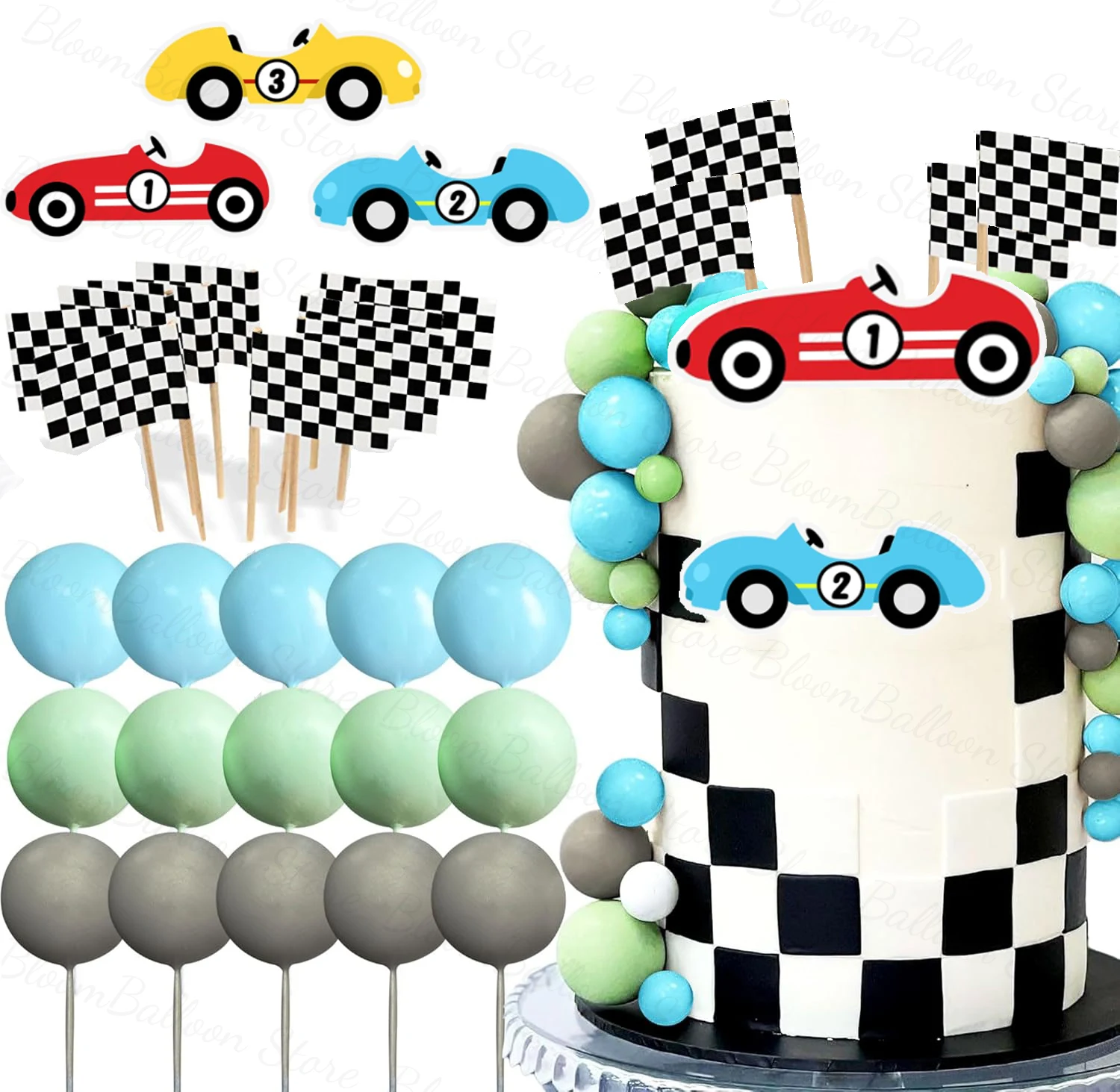 28pcs Two Fast Racing Car Cake Topper Blue Gray Grass Green Balls Cake Toppers for Kids Birthday Party Baby Shower Decoration