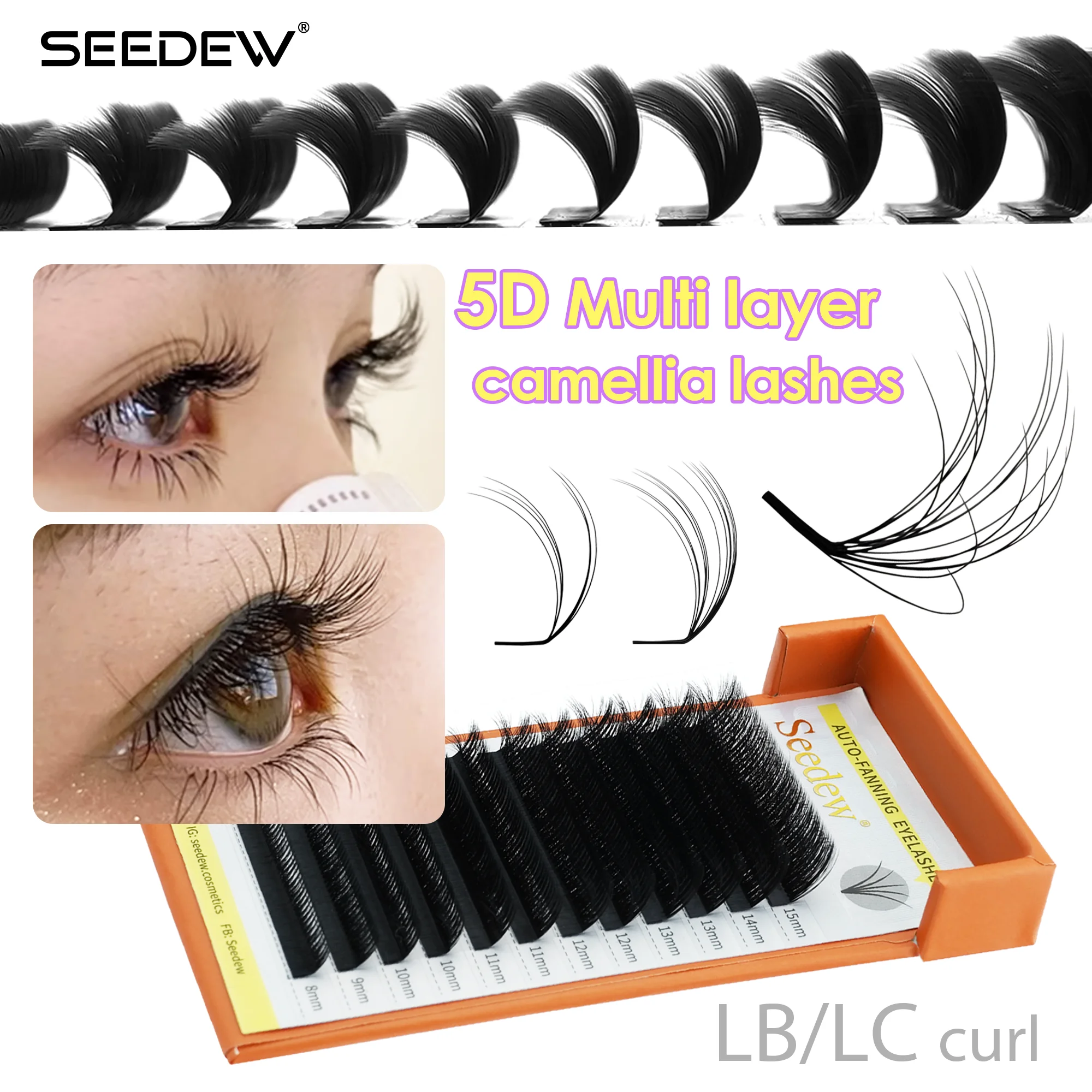SEEDEW LB/LC Curl 5D Multi Layer Camellia Eyelash Extensions Fluffy and Messy 5D Manga Eyelashes Volume Fans Individual Lash