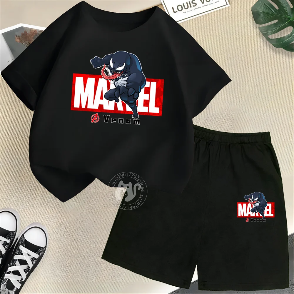 Marvel Venom Print Summer 100% Cotton T-shirt + Shorts Kids Set Boys Girls Cartoon Fashion Street casual comfort kids wear