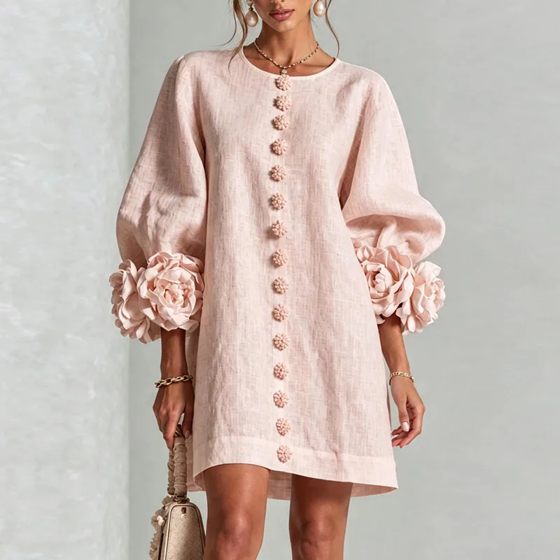 Elegant Solid Dresses Women Round Neck Lantern Sleeve 3D Flower Cuff Decorative Button Loose Short Dress Casual Streetwear Dress