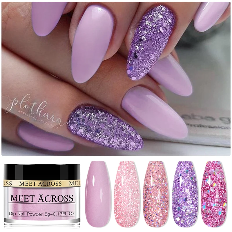 MEET ACROSS Glitter Purple Dipping Nail Powder System Natural Dry No Need Lamp Cure French Acrylic Dipping Manicure Nail Art