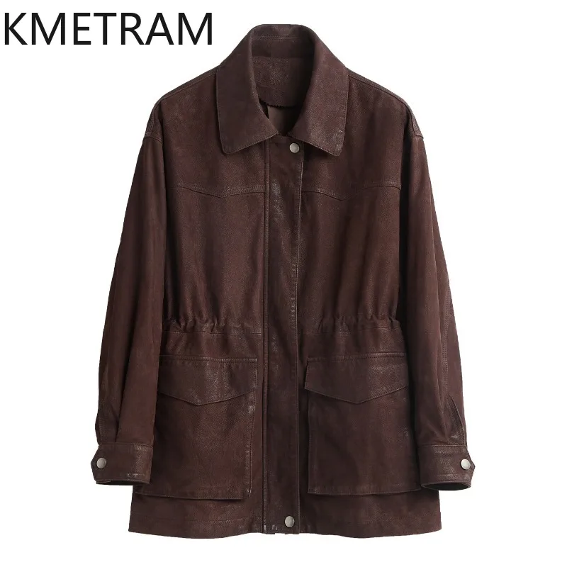 KMETRAM Deer Grain Goatskin Genuine Leather Jacket Woman Wax Napa Craft Leather Coat Vintage Jackets of Woman Mid Length Jaqueta