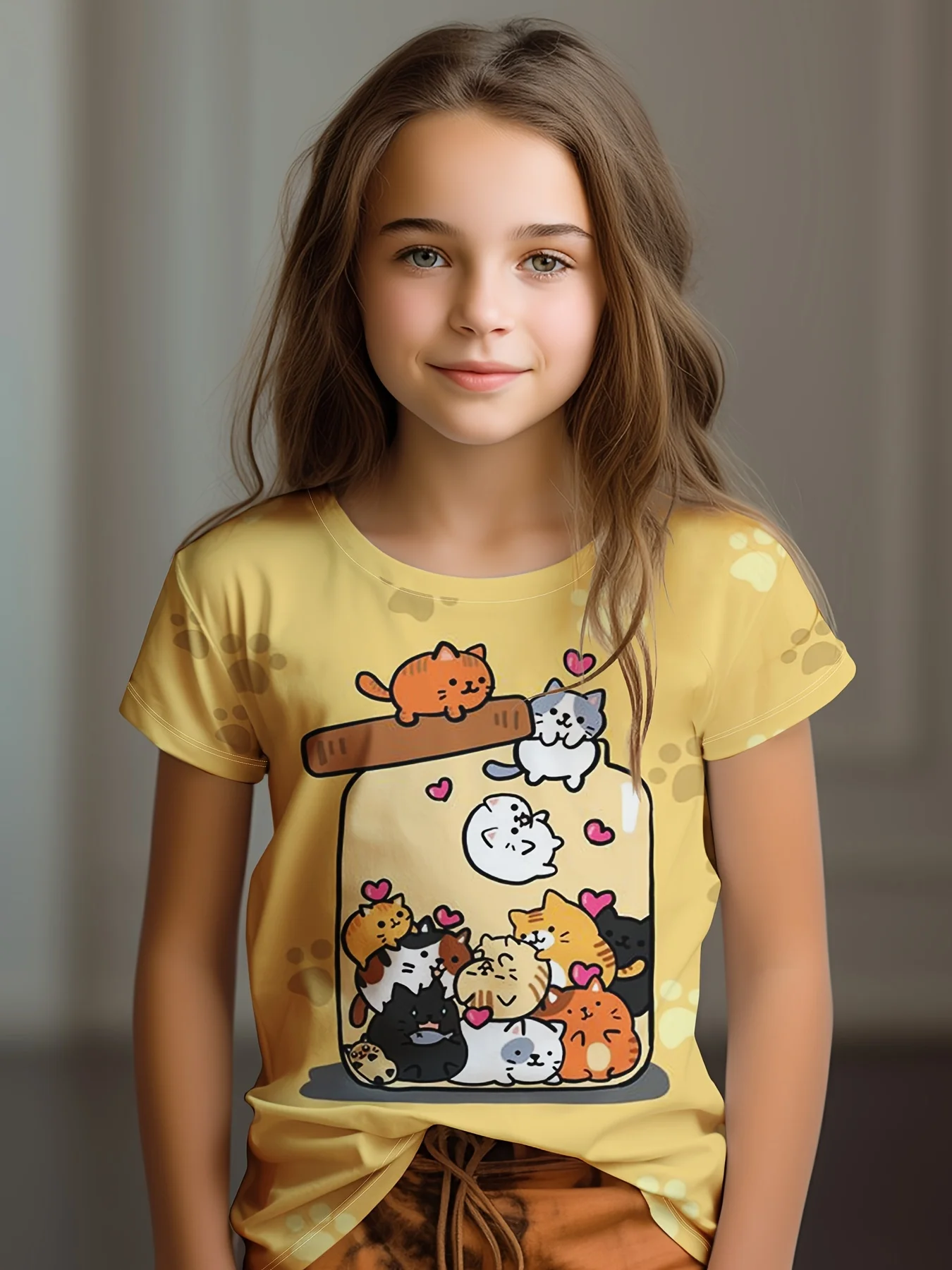 3D printed summer round neck boys' and girls' children's clothing multifunctional cartoon cat print round neck short sleeved T-s