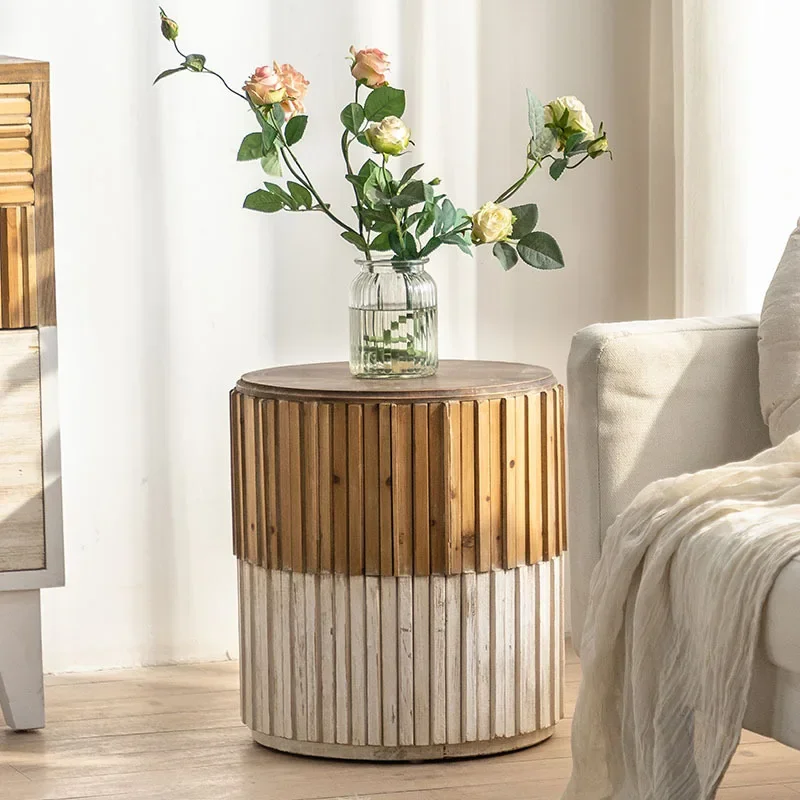 

Retro Solid Wood Sofa Side Table Living Room Bedroom Storage Small Coffee Table Balcony Leisure Coffee Table