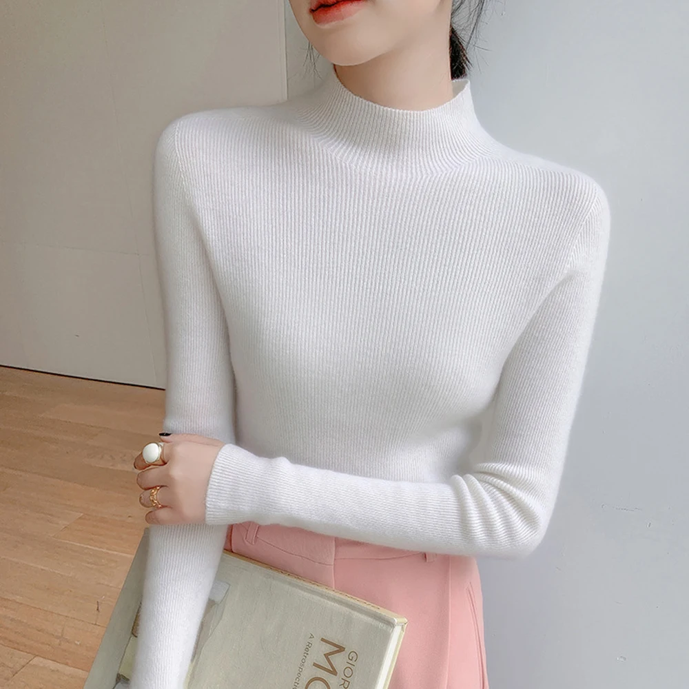 

Black White Pink Navy Orange Coffee Sweater Women High Collar Long Sleeved Knitted Blouse T Shirt Girls Elastic Slim Shirt Tops