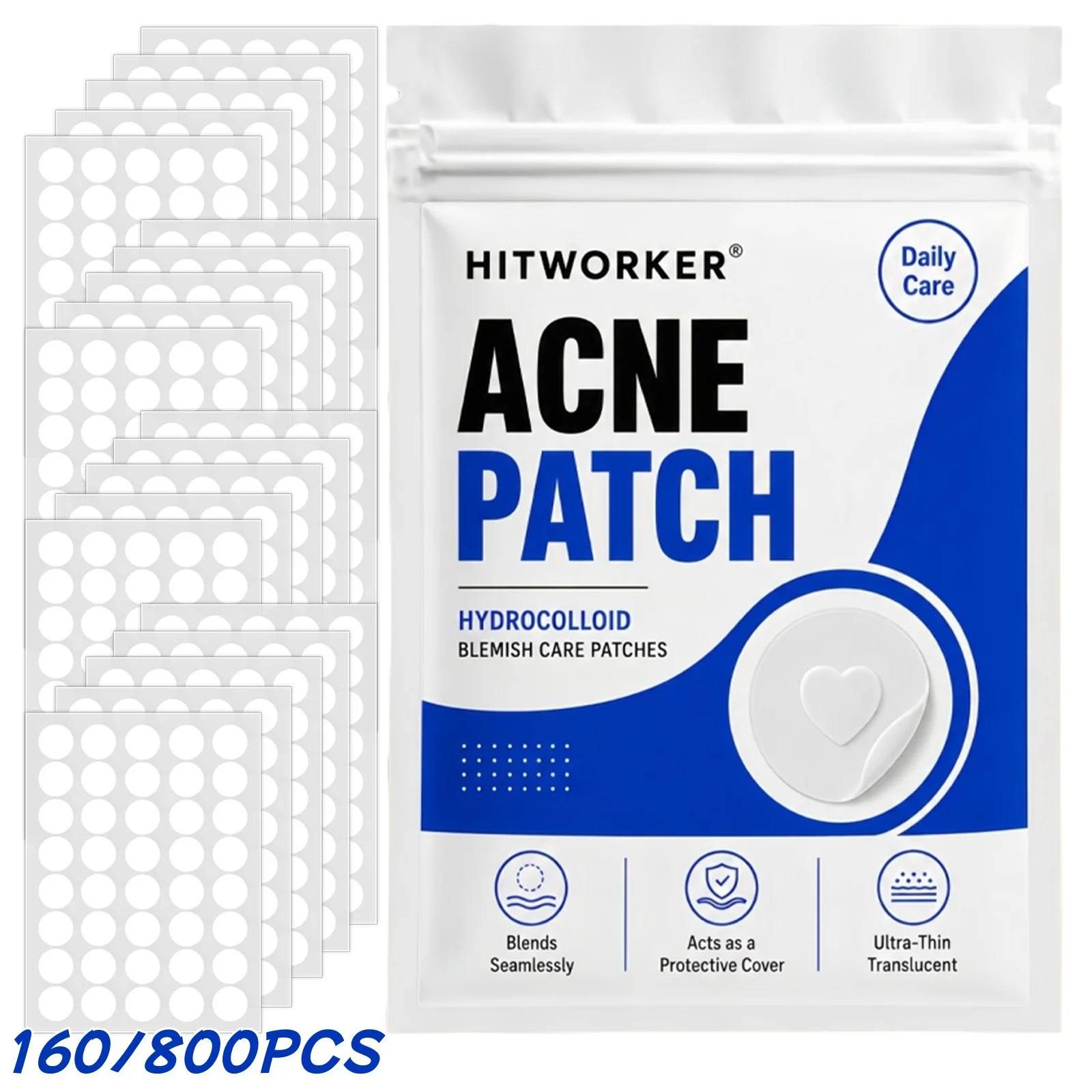 160/800pcs Hydrocolloid Pimple Patches, Transparent Spot Cover Stickers, Ultra-Thin Face Patch Set, Easy Peel, Day Night Use