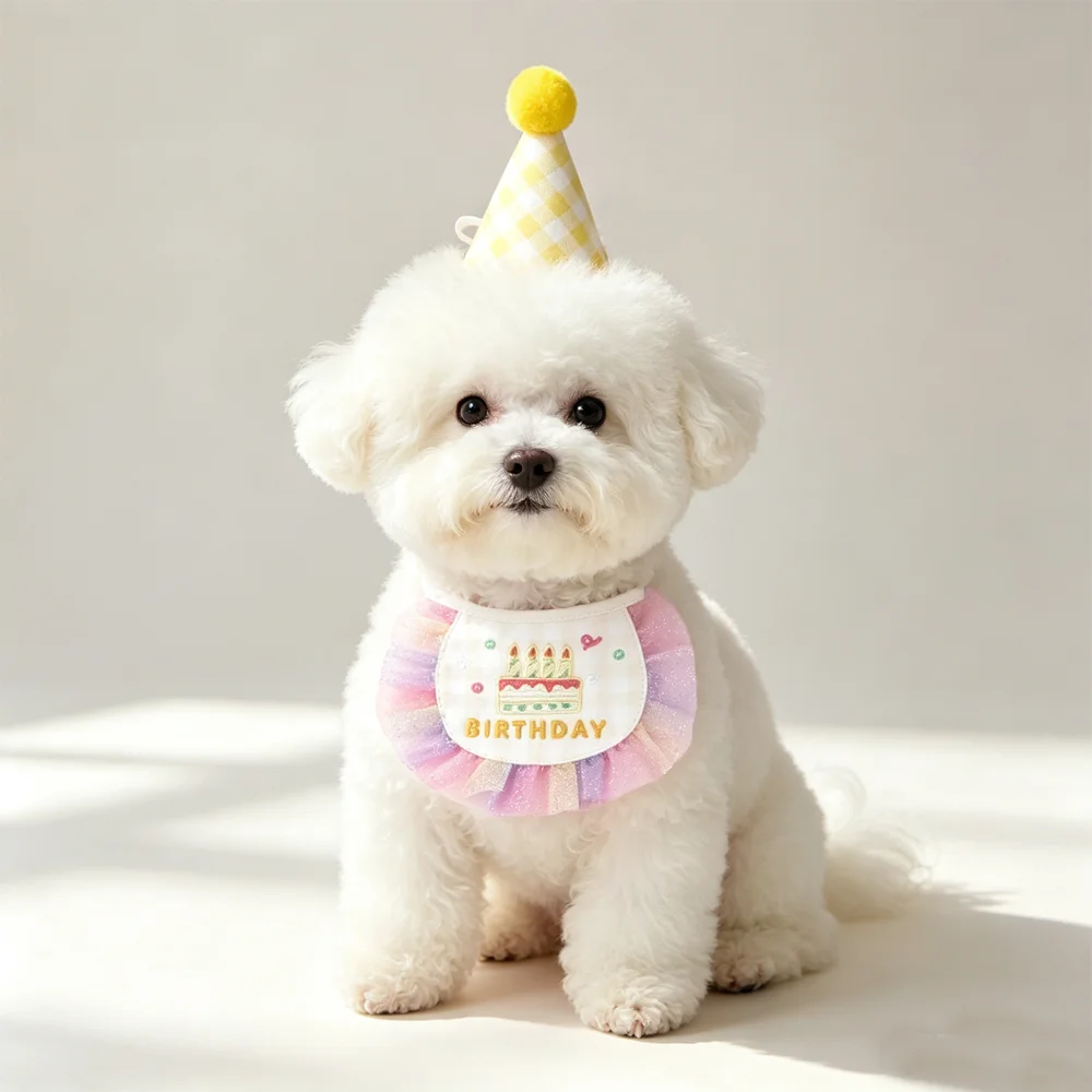 1 Pc Pet Birthday Party Costume Set Plaid Hat With Lace Bib Embroidery Cake Decor Outfit for Cats & Dogs Celebration Supplies