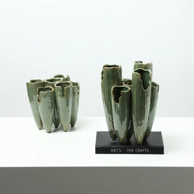Kiln Glaze Green Multi-tube Ceramic Vase Hydrophilic Porous Art Flower Arrangement Device Creative Ceramic Sculpture Ornament