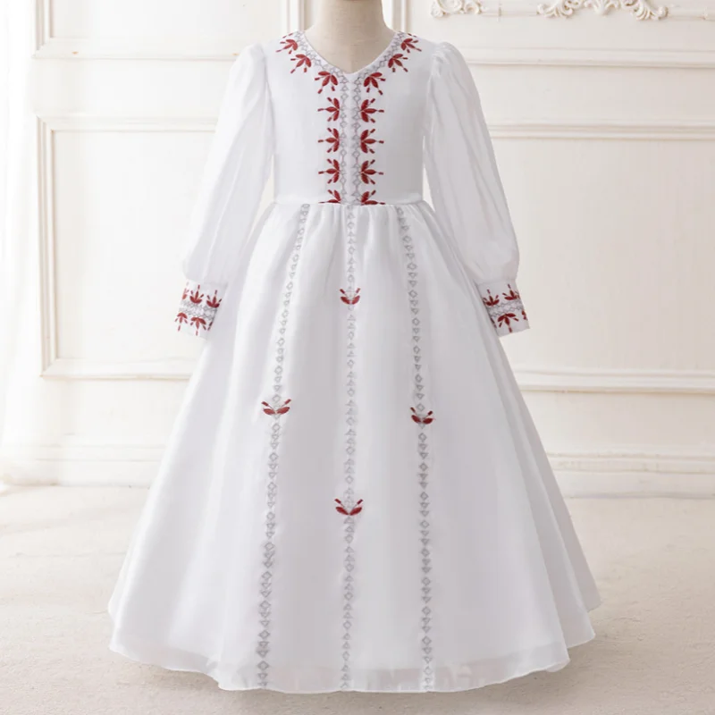 

New Muslim Robe Girl's White Fluffy Skirt Versatile Lantern Sleeves Long Skirt Church Party Long Embroidered Bow Dress