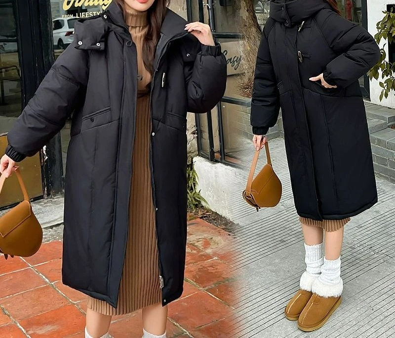 2025 Nuova giacca invernale lunga in cotone da donna, vestibilità ampia e addensata, moda calda e alla moda