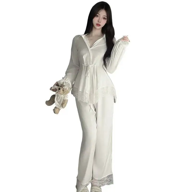 

Sexy Nightdress For Women Autumn Pure Desire Style High-end Lace Long Sleeved Shirt Ladies Homewear V Neck Casual Sets 9JY4