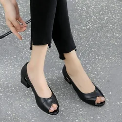 Black Leather Women's Shoes Outdoor for Office Work Summer 2024 Footwear with Medium Heels Sandals Woman Open Toe Thick Heel H F