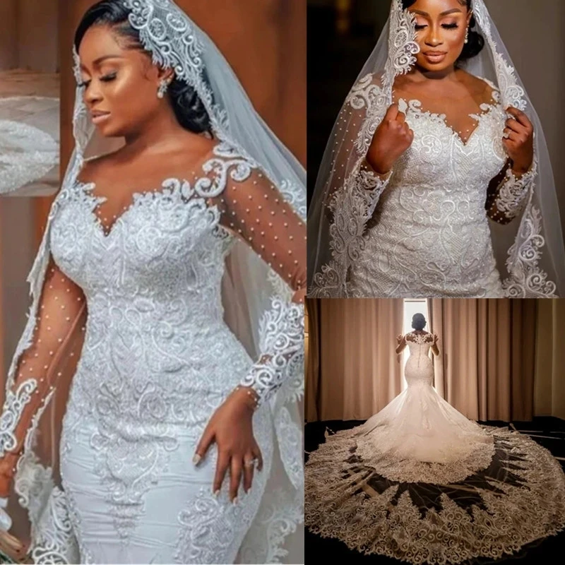 

Plus Size Illusion Country Wedding Dresses Deep V Neck Long Sleeves Lace Bridal Gowns Dress for Bride Tiered Robe De Soiree