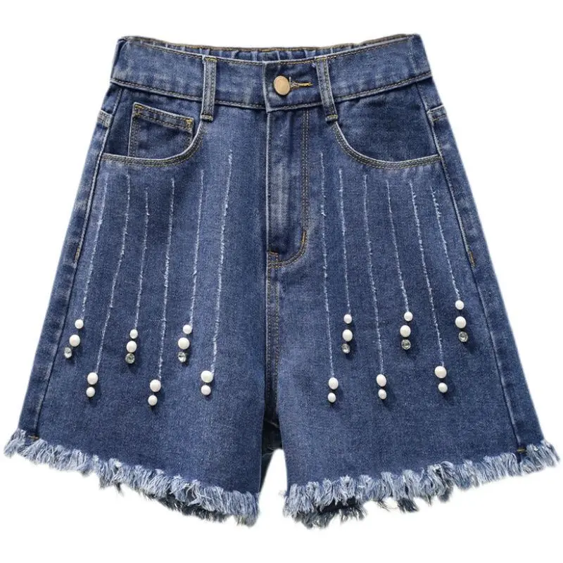 Vintage High Waisted Washed Denim Shorts Women 2025 Summer New Loose Wide Leg Jeans Casual Beading Short Jeans