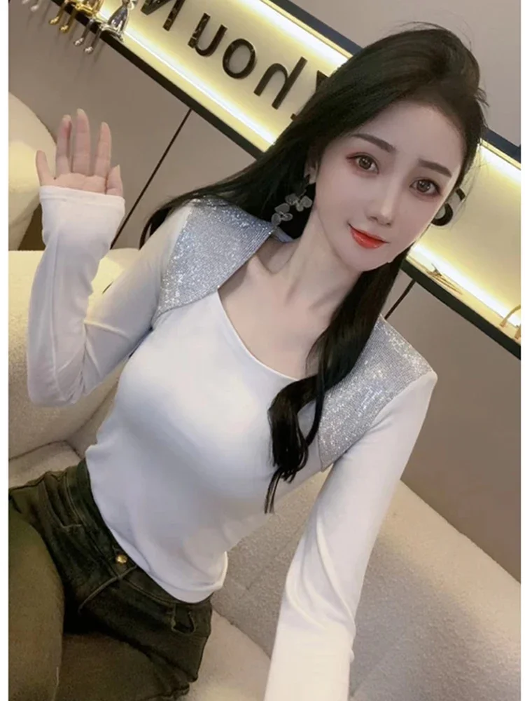 European Style Long-sleeved T-Shirt for Women Autumn and Winter 2024 New Diamond-encrusted Square-neck Top Y2K Tops Tees