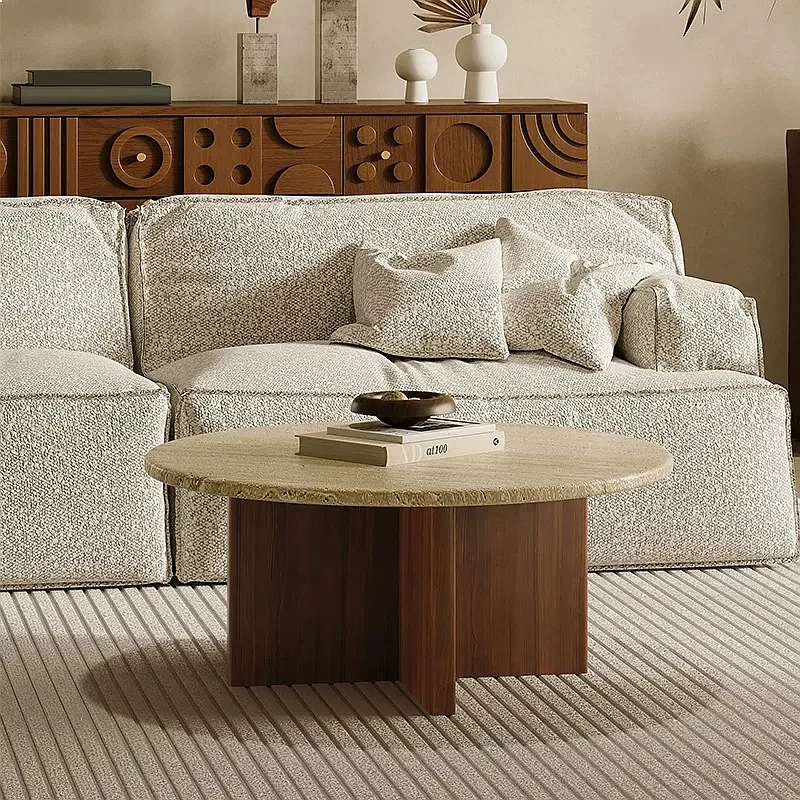 N80 Wabi-Sabi Travertine Coffee Table Set Round Nesting Tables Solid Wood Side Table for Living Room Small Space